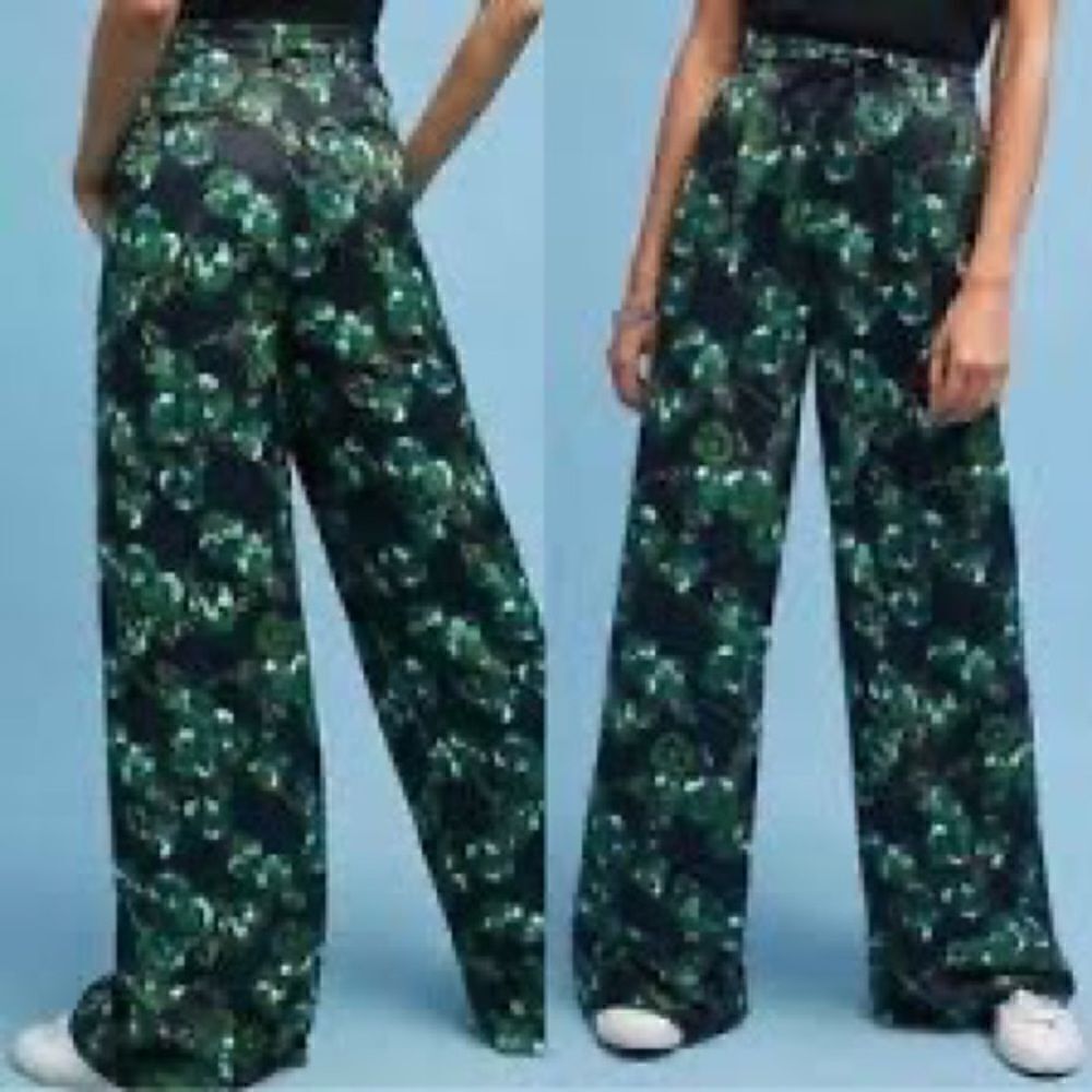 Anthropologie Elevenses Navy & Kelly Green Floral Wide Leg Pants